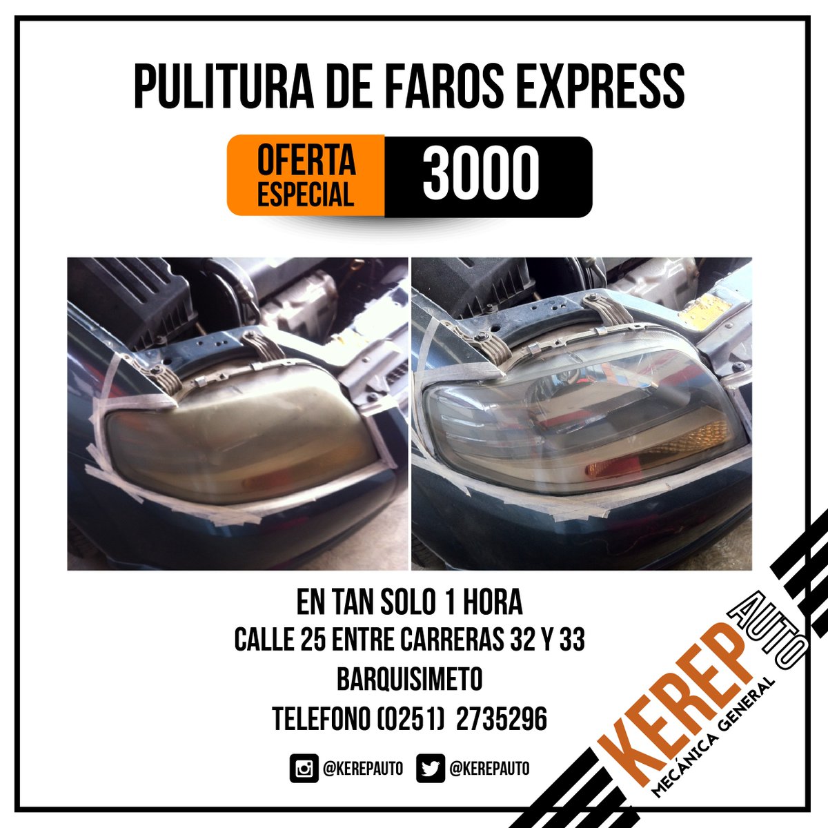 KerepAuto's tweet image. ¿No tienes visibilidad en la noche? Aprovecha nuestar #PromoKerep en pulitura de faros, por solo 3000 #en1hora