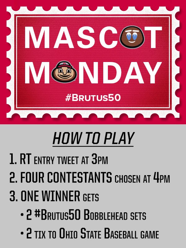 Brutus_Buckeye's tweet photo. RT for chance to WIN 2 #Brutus50 Bobblehead ⚾Pkgs! 4 play Mascot Monday Mania at 4! #GoBucks https://t.co/3lIXczMO0p https://t.co/18CWJ2qJi8