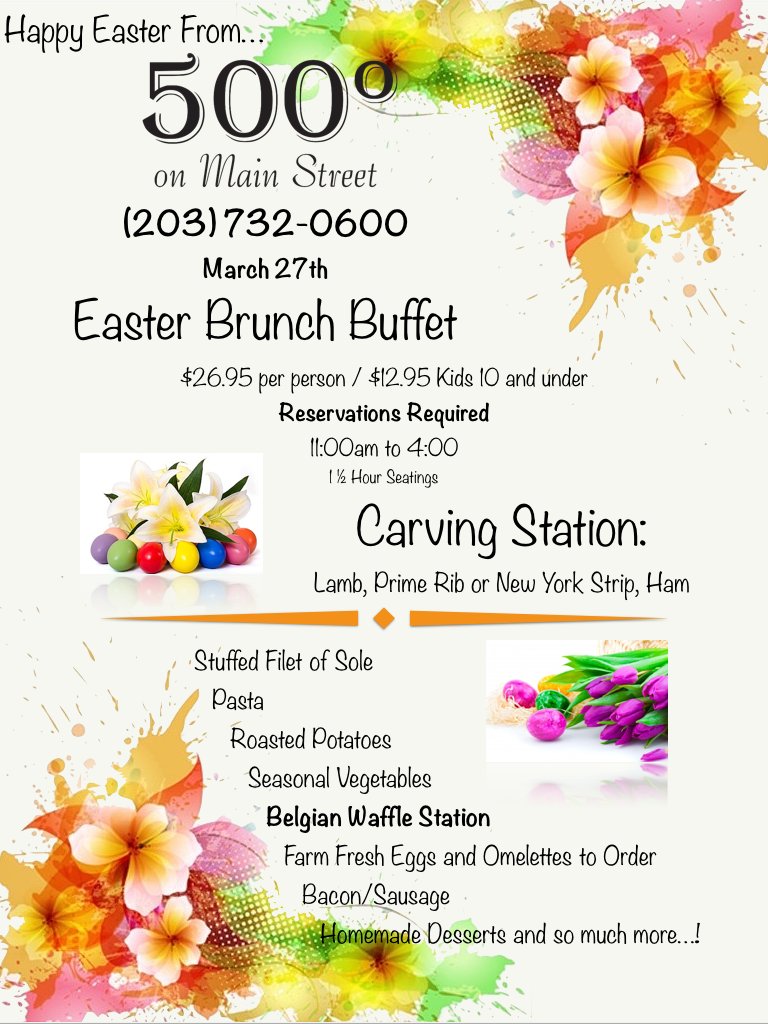 500degreesCT's tweet photo. Make your reservations now for Easter Brunch! Carving stations, pasta, stuffed filet of sole and more! https://t.co/uJICvIXmm8