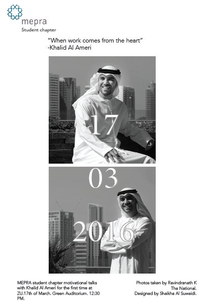 MEPRA_ZU's tweet photo. Prepare yourself this THURSDAY for @KhalidAlAmeri motivational talk on @Zayed_U in the Green Auditorium. https://t.co/cmojSor1US