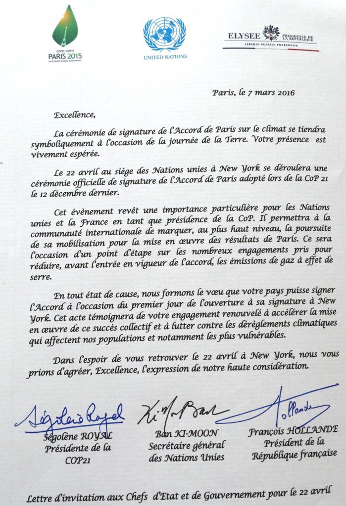Voici la lettre adressée à tous les chefs d'Etat pour les inviter à la signature de l'#AccordDeParis le 22/04 à NYC