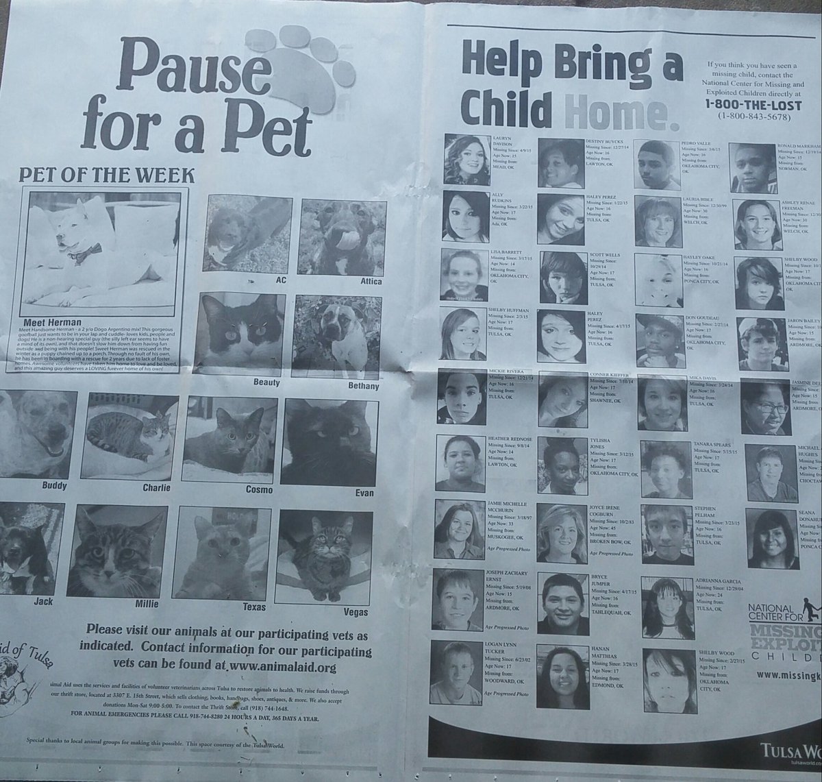 Priority in Printing. We live in a society were dogs take priority over our Children.
Come on Tulsa World!