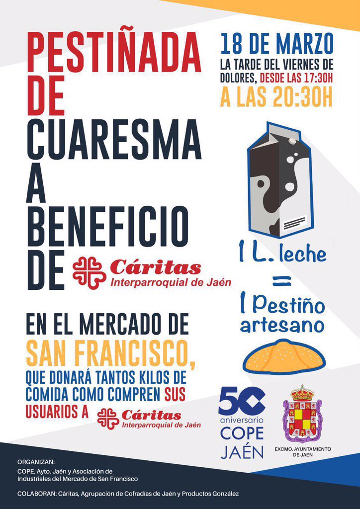 COPEJaen's tweet photo. Próximo Viernes de Dolores tarde solidaria en el Mercado de San Francisco. @Caritasjaen lecheXpestiños    @AytoJaen https://t.co/ebHTy0NrJX