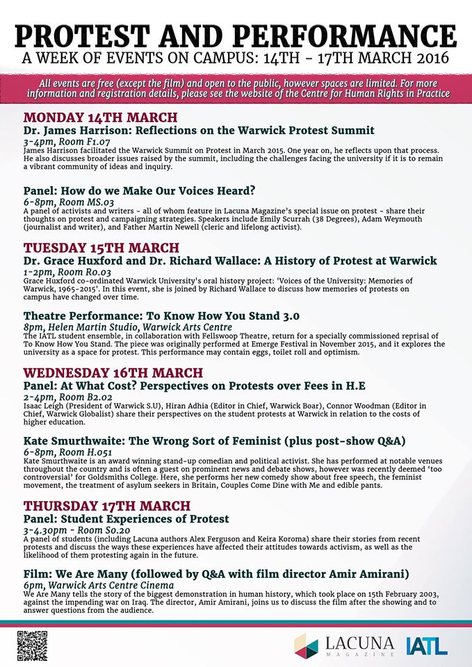 Don't miss out on loads of great events as part of Protest and Performance Week here at Warwick!