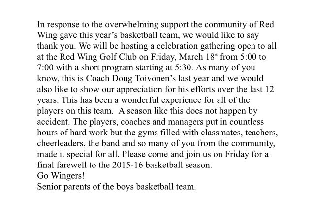 WCT_JBrown's tweet photo. Red Wing BBB will be having an open house from 5-7 pm at Red Wing Golf Club to celebrate this yr. and coach Toivonen https://t.co/7WeKCpVuyy