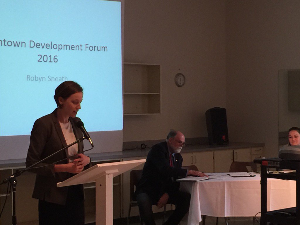 EconDevBrandon's tweet photo. Robyn Sneath "Downtown is for everyone and is the City's bellwether" speaking at #BdnMb Downtown Forum https://t.co/SaD1W0JmR9