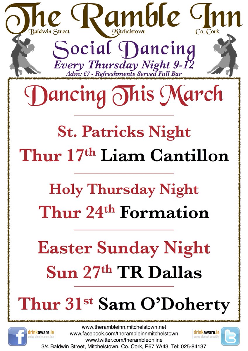 #SocialDancing
Thur 17th Liam Cantillon
Thur 24th Formation
Easter Sunday TR Dallas
therambleinn.com/social-dancing…