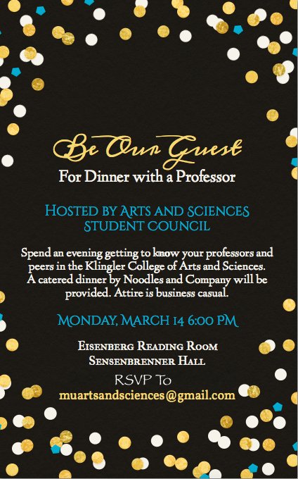 Don't forget tonight is Dinner with a Professor at 6:00 in Sensenbrenner Hall! #studentcouncil #Marquette