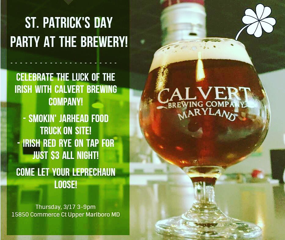 Calvertbrewing's tweet photo. Check out our St Patrick's Day party this Thursday at the brewery! 3-9pm. #calvertbrewing #stpatricks #mdbeer https://t.co/eXtgnW4Aw1