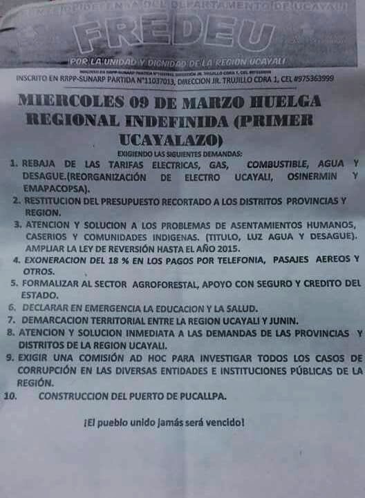 Convocatoria lanzada por por el Frente de Defensa del Departamento de Ucayali (FREDEU) 