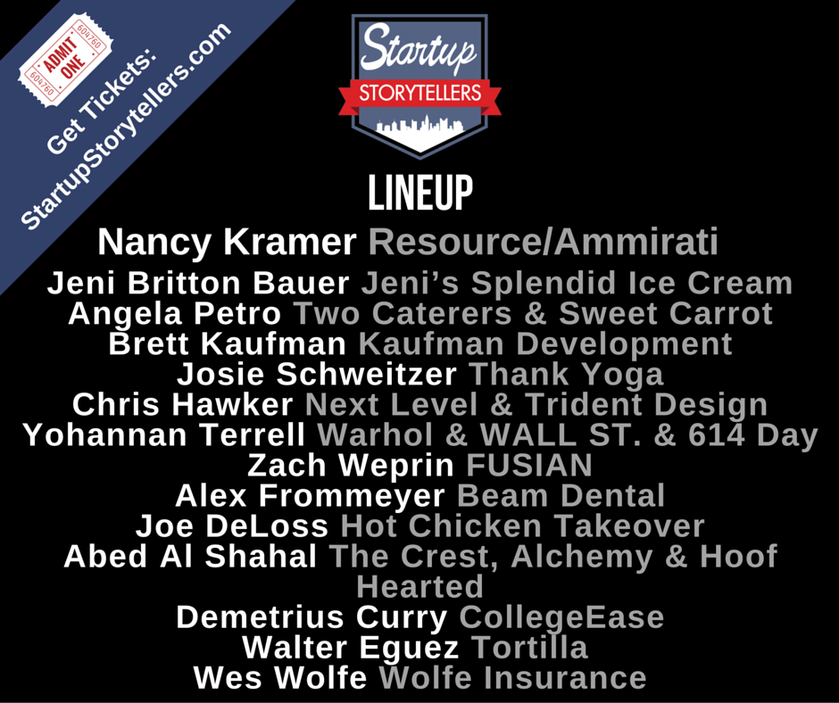 Lineup for <a href="/StartupTellers/">Startup Storytellers</a> on April 6th -- tickets on sale now at StartupStorytellers.com