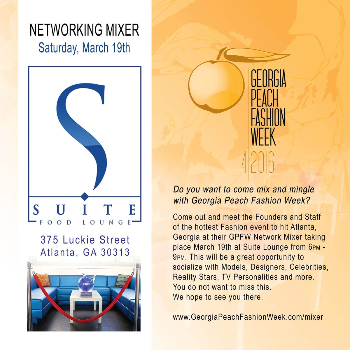kenyonglover's tweet photo. Georgia Peach Fashion Week Network Mixer March 19 at Suite Lounge.
#networkmixer #Atlanta #GPFW #FashionWeek https://t.co/nJJModfuLp