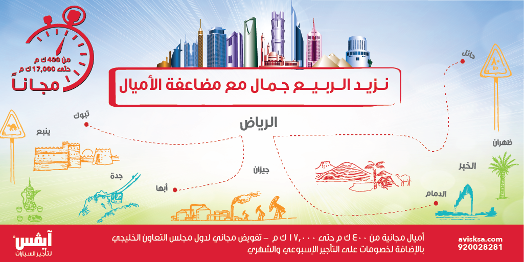 عروض الربيع من #أيفس_لتأجير_السيارات
أميال مضاعفة وخصومات أضافية
احجز سيارتك الأن 920028281 avisadvantage.com/spring/index.h…