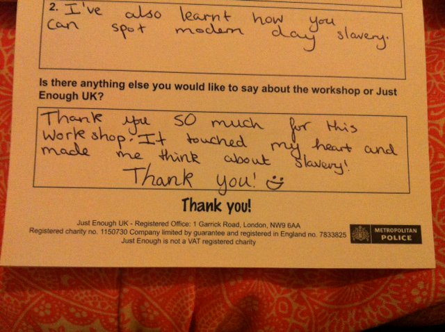 Justenoughgroup's tweet photo. Pupil feedback today #InspireNotShock #ModernSlavery #awareness https://t.co/UJVYY13L91