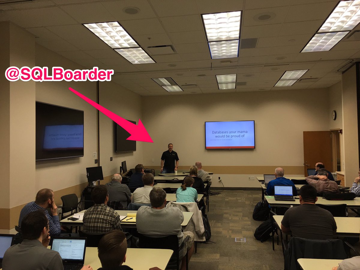nanoDBA's tweet image. @SQLBoarder presenting on &quot;Databases Your Mama Would Be Proud Of&quot; to #slcsql #sqlpass group
