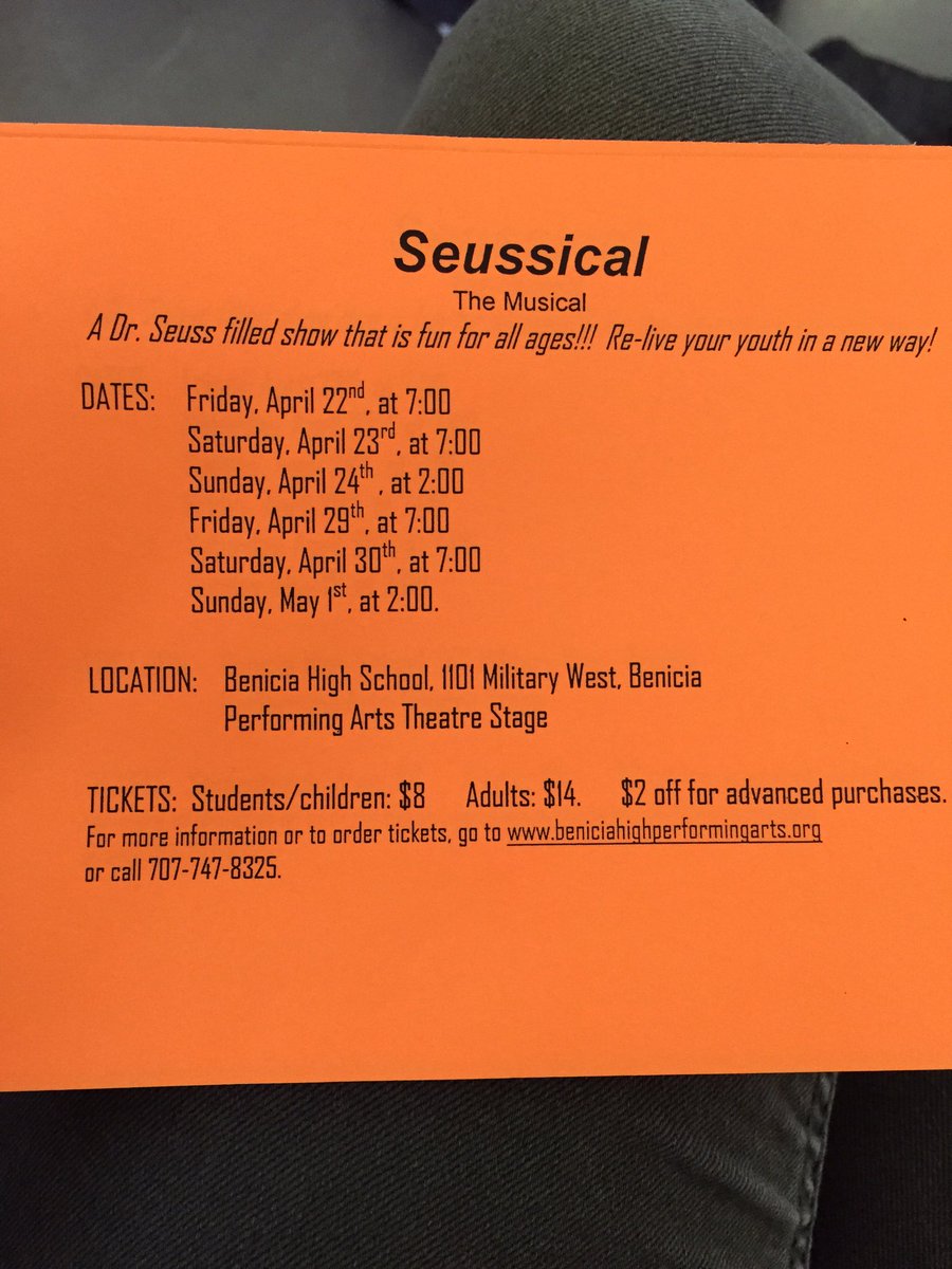 mtgrade2's tweet photo. Check out @BeniciaHighBHS #SeussicalTheMusical show times!! https://t.co/KIalVQTtK7
