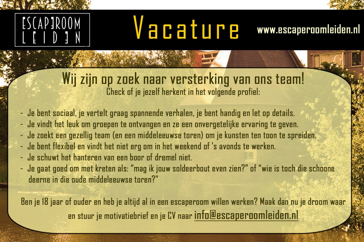 escapeleiden's tweet photo. #vacature bij Escaperoom Leiden! Kom jij ons team versterken? https://t.co/kCBLpoHB78