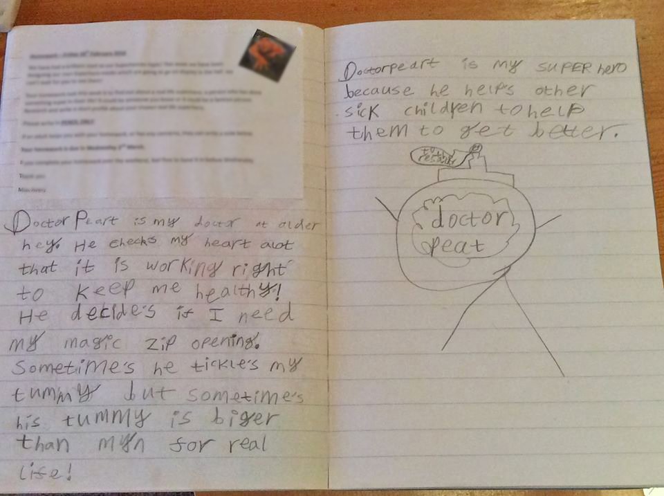 AlderHey's tweet photo. Love this - cardiac patient Lucy's school homework was to write about a real life superhero. Lucy chose Dr Ian Peart https://t.co/sPSrnkYNb4