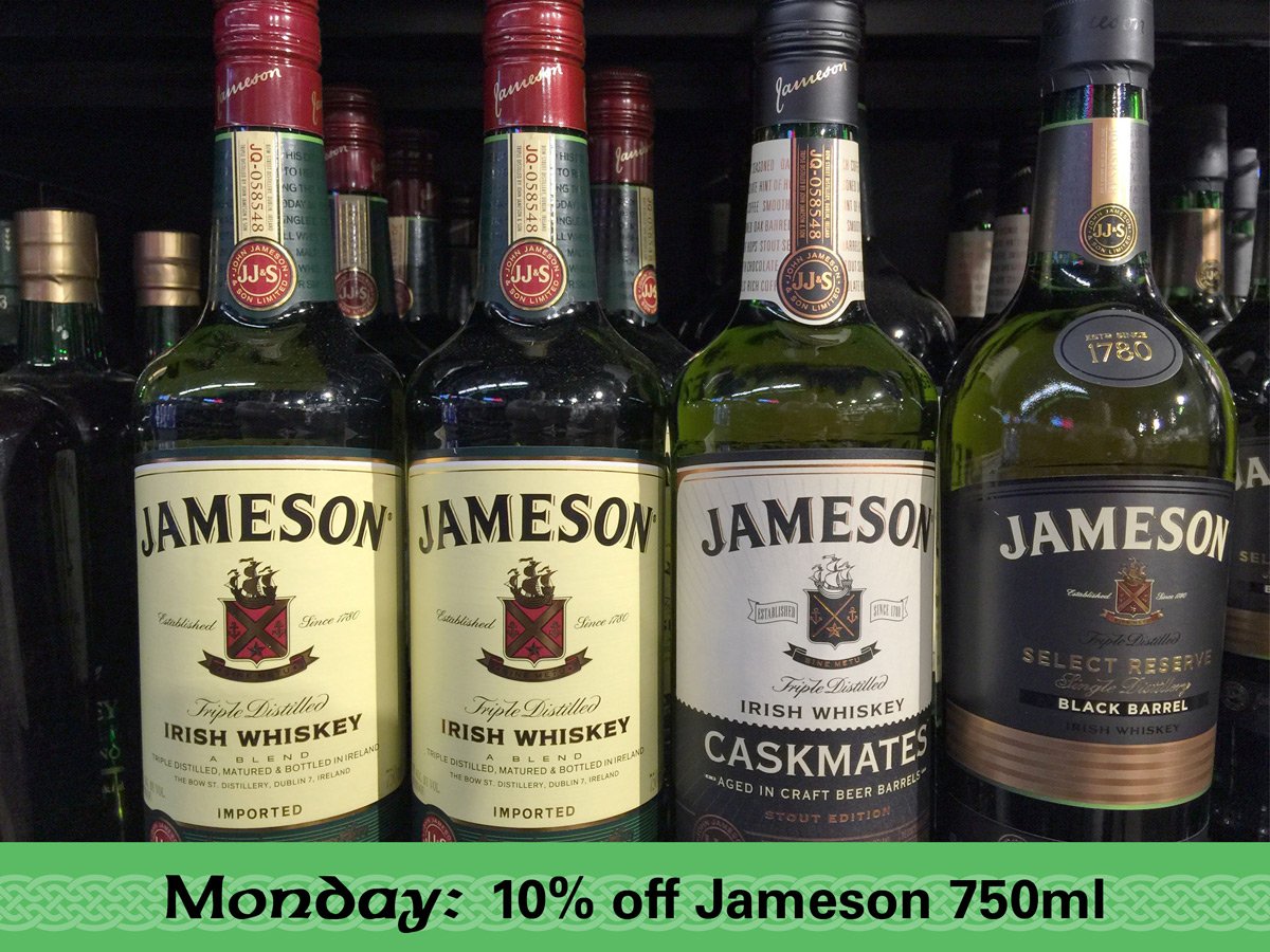 FlyingHorseWS's tweet photo. Monday St. Patrick's Day Deal: 10% OFF all #jameson 750ml #stpatricksday #slainte #csprings https://t.co/ZlCbhlQmEE
