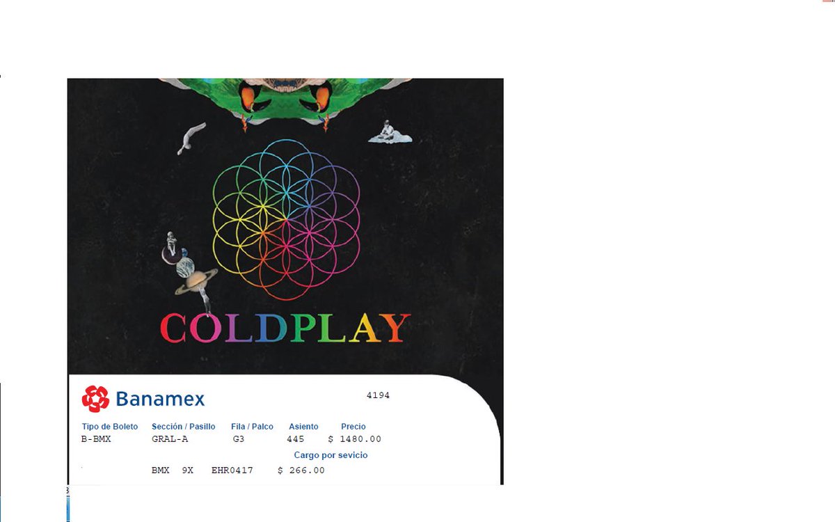 luisfdoesp's tweet photo. @Vendo_Boletos vendo 3 boletos para coldplay general A domingo 17 de Abril.
precio 1750 cada uno https://t.co/ao5IsflkqG