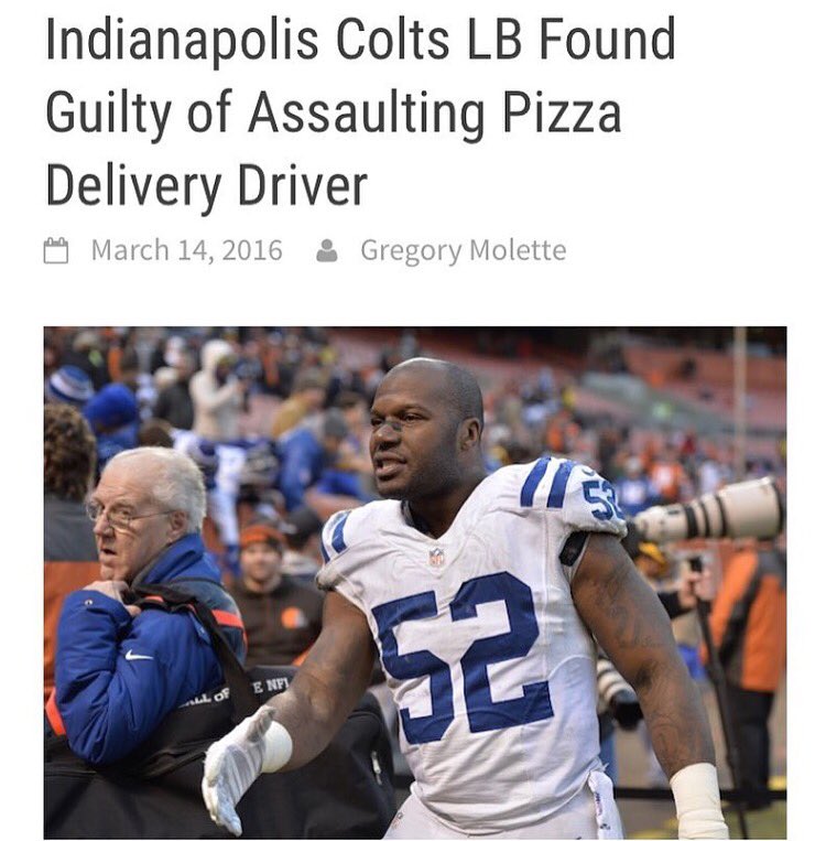 WORLDSTAR's tweet photo. Indianapolis Colts LB D'Qwell Jackson found guilty of assaulting pizza delivery driver. https://t.co/JcE8izRZgg