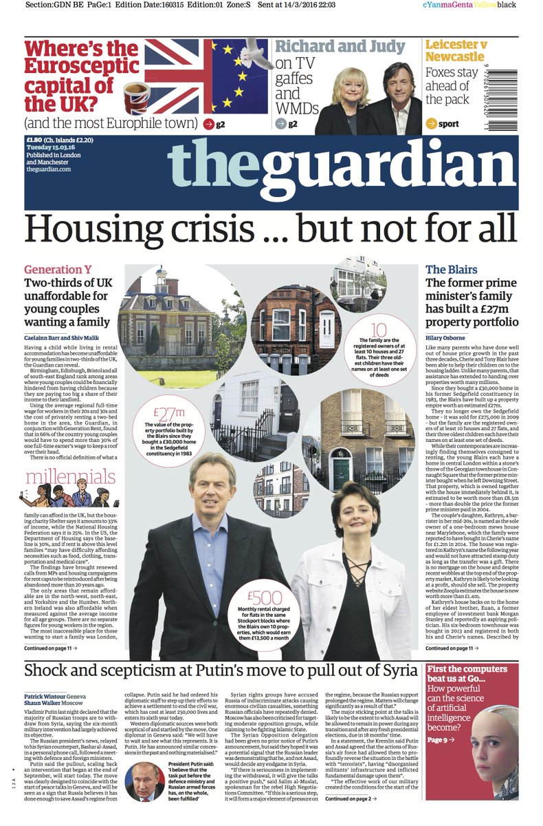 guardian's tweet photo. The Guardian front page, Tuesday 15.03.16: Housing crisis ... but not for all https://t.co/VHrKWmj1Rk