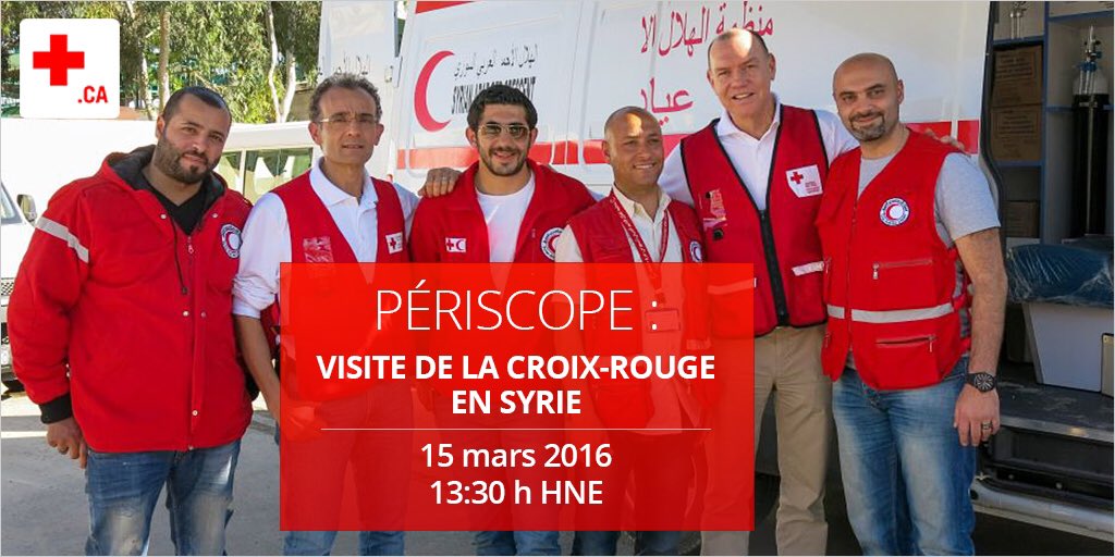CroixRouge_Qc's tweet photo. Joignez-vous à nous demain 13h30 sur #Periscope pour poser des questions à notre CEO @ConradSauve à propos de #Syrie https://t.co/mXXg5AJuhc