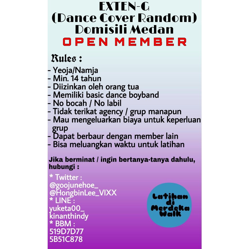 EXTEN_G_DC's tweet photo. [HELP RT] EXTEN-G Open Member untuk kalian namja/yeoja berdomisili Medan yang dancenya berbasic boyband^^ https://t.co/58KpVLeUgQ