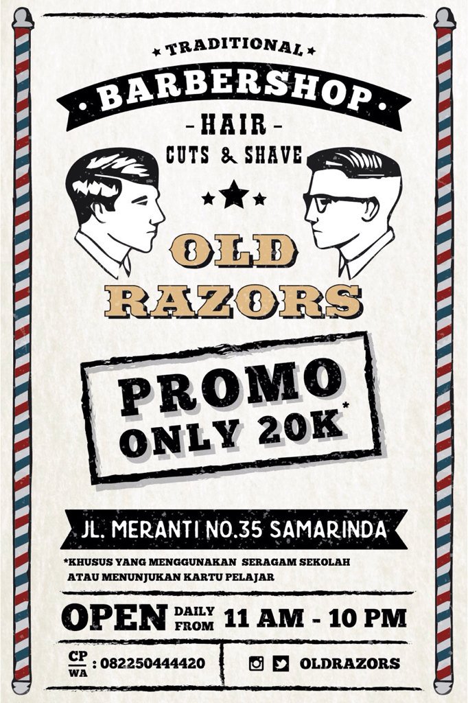 oldrazorsbarber's tweet photo. Bagi para pelajar, rapikan rambutmu. Dapatkan promo 20k •haircut •hot towel •half massage •pomade #oldrazors https://t.co/bLX3jEj9M8