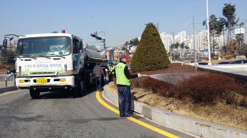 분당구 녹지공원과에서는 새봄을 맞아
중앙분리대 등 조경수목의 수세회복을
위하여 살수차를 동원 염화칼슘 세척
작업을 시행하고 있습니다