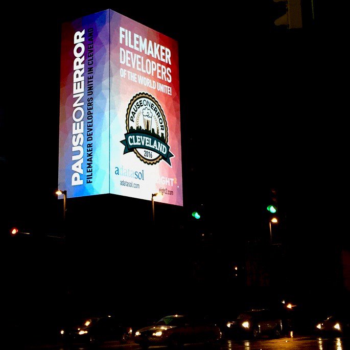 beezwaxteam's tweet image. #PauseOnError, the #FileMaker Unconference, highlighted on billboard in downtown Cleveland.