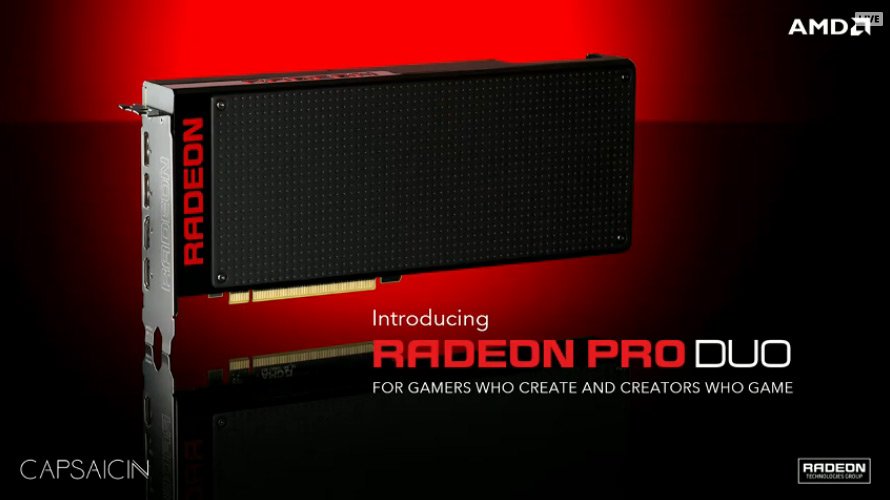 PCMHZ's tweet image. Radeon Pro Duo FTW! 2x Fiji , 8GB HBM, 16TFLOPS #GDC16 #AMDCapsaicin