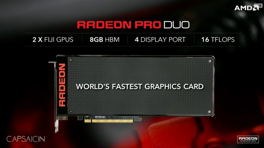 PCMHZ's tweet image. Radeon Pro Duo FTW! 2x Fiji , 8GB HBM, 16TFLOPS #GDC16 #AMDCapsaicin