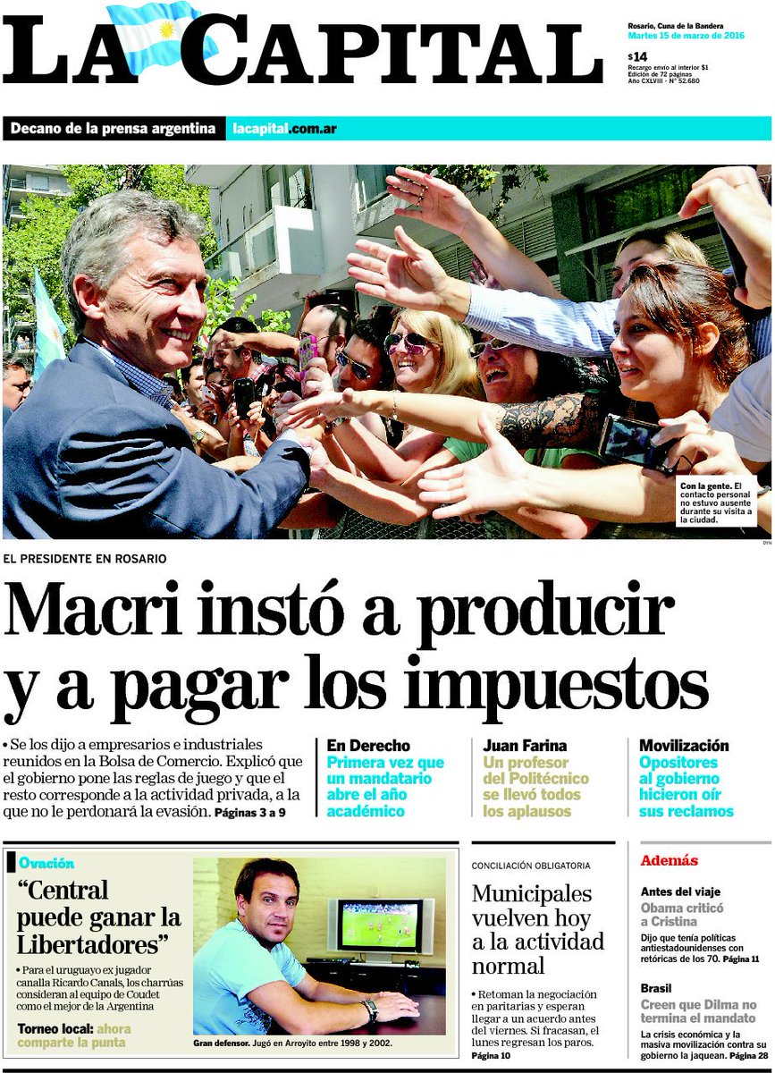 OjoPrensa's tweet photo. Las tapas de los diarios La Capital y El Ciudadano con las repercusiones de la visita de @MauricioMacri a #Rosario. https://t.co/2j7jdRZghd