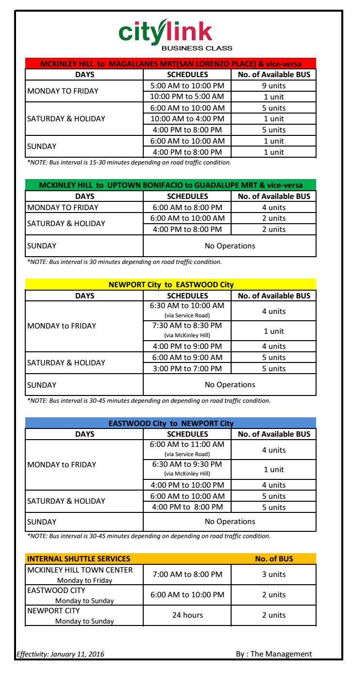 MEGAWORLD on Twitter "Citylink bus schedule matrix in eastwoodmall