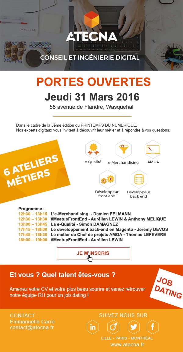 _ATECNA's tweet photo. @_ATECNA jeudi 31 Mars >> 6 Ateliers métiers : #eMerch #FrontEnd #eQualite #Magento #AMOA  https://t.co/MtC1RdHWVs https://t.co/xtT2a0WGTc