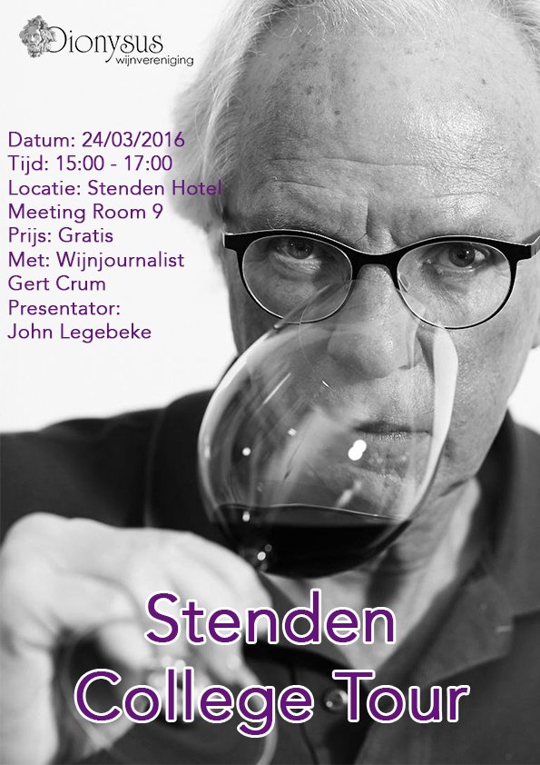 Johnlegebeke's tweet photo. Altijd al die vragen willen stellen over wijn? Stenden college tour met @GertCrum  24 mrt in @StendenHotel @Stenden https://t.co/ExjGbRSNtC