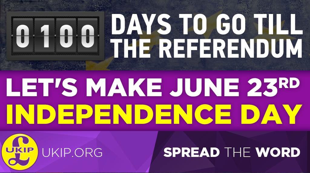 100 days to go till the EU Referendum. Let's make June 23rd our Independence Day. RT to spread the word