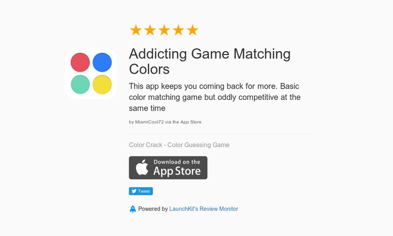 ColorCrack's tweet image. 5 Star Review: "Addicting Game Matching Colors: This app keeps you coming back for more. B…" launchkit.io/reviews/jEjqTi…