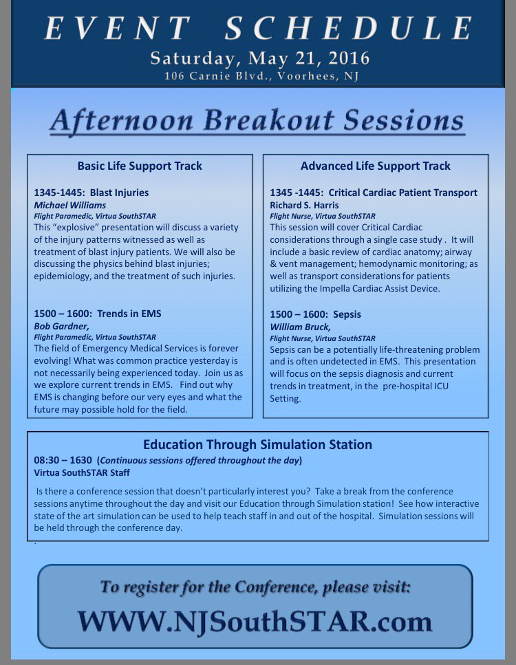 NJSOUTHSTAR's tweet image. The line up for this year's SouthSTAR Education Conference! BLS, ALS, Nursing, Critical care!! #SouthSTAREC2016