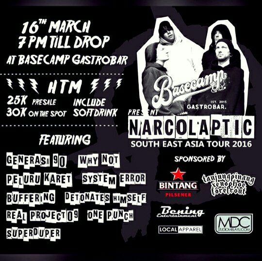 Hello, don't forget tomorrow. "Basecamp Gastrobar" NARCOLAPTIC - Germany South asia tour 2016. See you guys 😊 

.