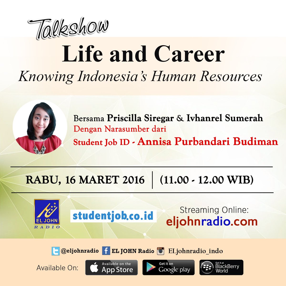 eljohn_media's tweet photo. #LifeStyleInspiration jgn lewatkan talkshow bersama @IDstudentjob besok ya,bersama @cillasiregar @Vhanrel_sumerah https://t.co/uVa2OMtGWN