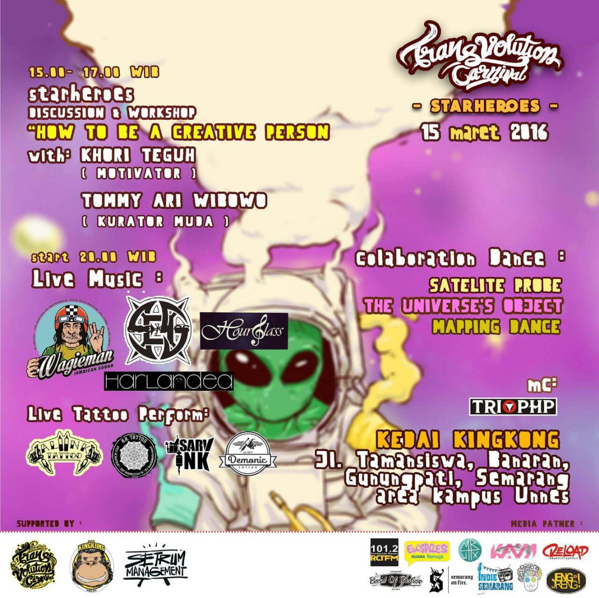 Nanti malem hari kedua #transvolitioncarnival ada band2 keren, dance, dan pameran senirupa!! TOPBGT!! monggo🙌🙋