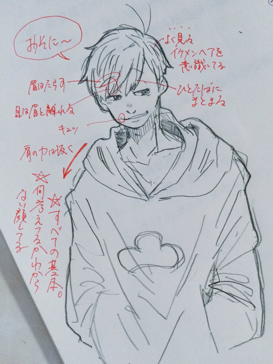 @morumossoi7 タグの描くときの拘りのやつです。反応ありがとうございました!!全体的には一卵性の6つ子感を大事にしたいと思ってるけど寄せすぎると誰が誰だかわからなくなるから加減が難しいです…あざした! 