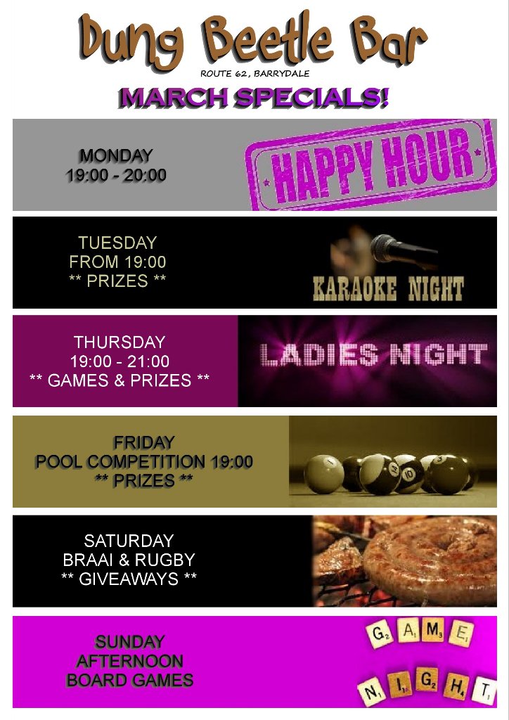 DungBeetleBar's tweet photo. #HappyHour #KaraokeNight #LadiesNight #PoolTournament #BraaiDay #Rugby #SundayBoardGames 💖 Barrydale! https://t.co/SYJosFHPey