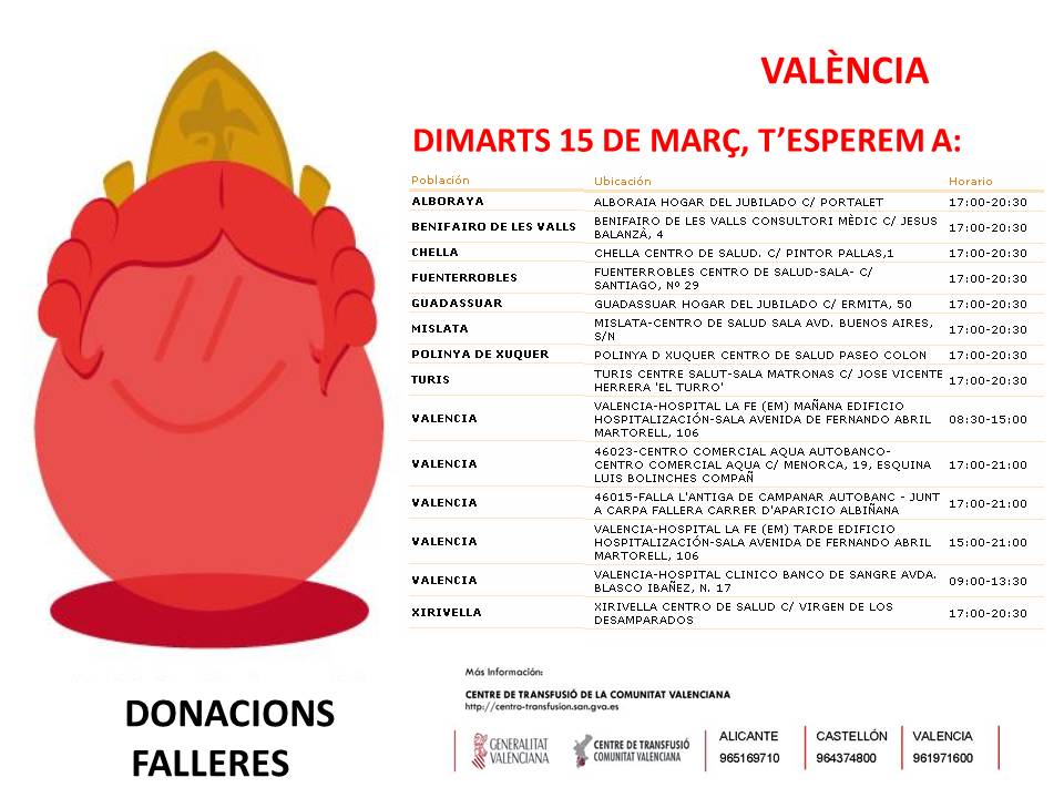GVAdonasang's tweet photo. Anímate a #DonarSangre...hay alguien esperándote.
MARTES 15 de MARZO #Valencia https://t.co/F7y0u8CxOI