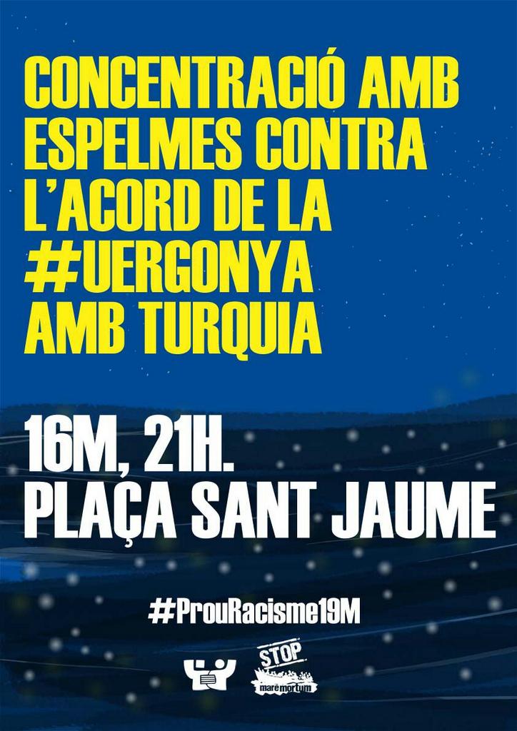 pconstituentBCN's tweet photo. #UERGONYA #16M Concentració contra l'acord de la UE amb Turquia. A les 21h a plaça Sant Jaume. #Bcn https://t.co/by6vSQeDQj