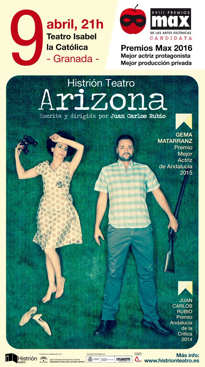 9 abril #Arizona en <a href="/TeatroICatolica/">TeatroIsabelCatólica</a> con 2 nominaciones #PremiosMax! Info en facebook.com/events/7006175… <a href="/GuiaKul/">GuÍa Kul de Kultura</a>