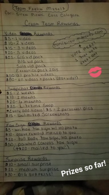 Rewards so far! Starts at 11am EST! Vote ⭐Team Feelin Myself⭐ Cream Team Contest @manyvids https://t<a href="/tag/manyvids"class="tags"><span>#manyvids</span></a><a href="/tag/mvsales"class="tags"><span>#mvsales</span></a>