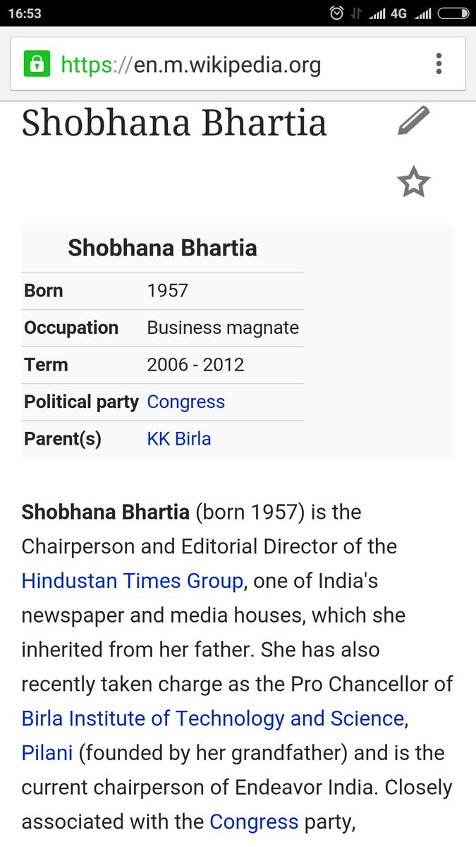 sand_vaswani's tweet photo. Wikipedia tells the real connection behind biased news of @htTweets on WCF.
Reason is @INCIndia &amp; Shobhana Bhartia https://t.co/CEDVN95pRT